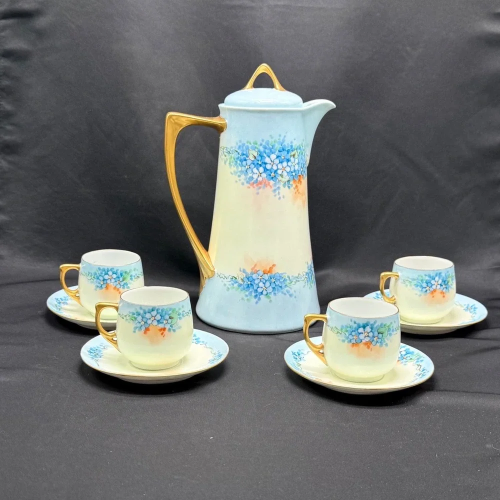 Vintage Porcelain Chocolate Pot Set Blue Floral Gold Gilt 4 Cups and Saucers